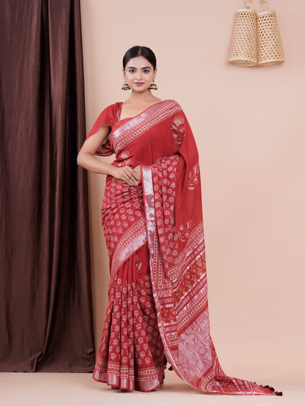 BEAUTIFUL LINEN HAND BLOCK PRINT SAREE