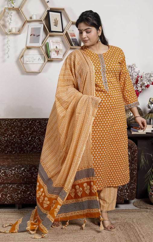 Orange & Off White Coloured Pure Cotton with Print & Taussal Work Women Designer Party wear Fully Stitched Kurti with Salwar & Dupatta!!