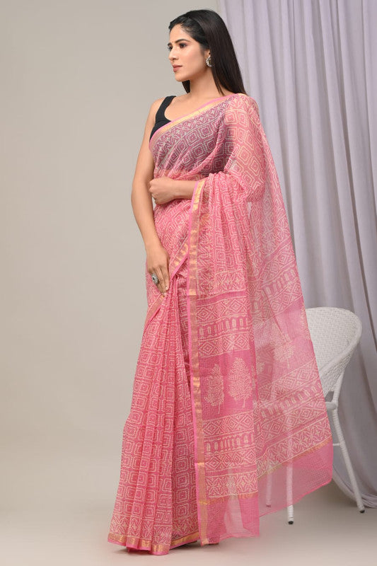 Pink & Off White Coloured Beautiful Hand Block printed Women Daily/Party wear Kota Doriya Cotton Saree with Blouse!!