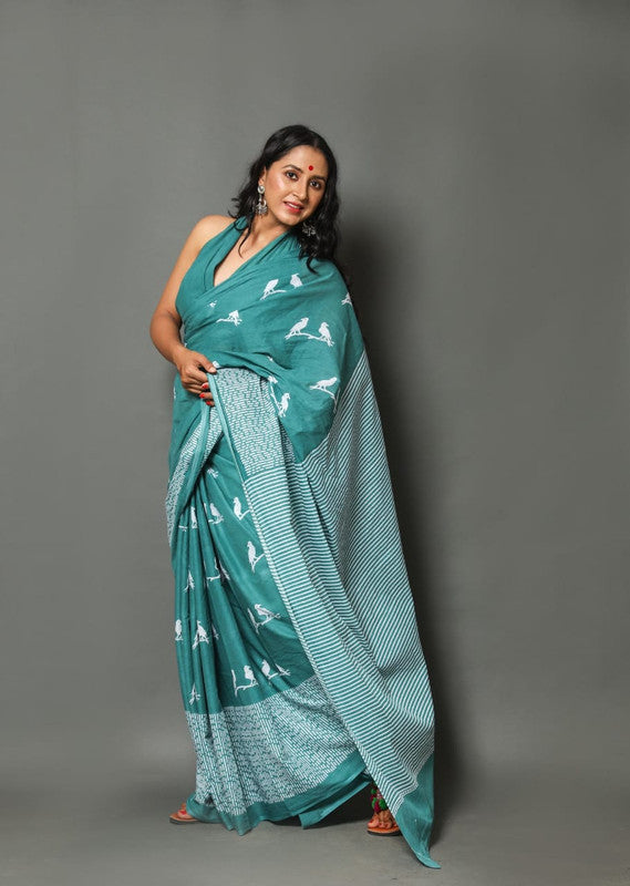 Rama Blue & White Coloured Beautiful Hand Block printed Women Daily/Party wear Pure Mul Cotton Saree with Blouse!!