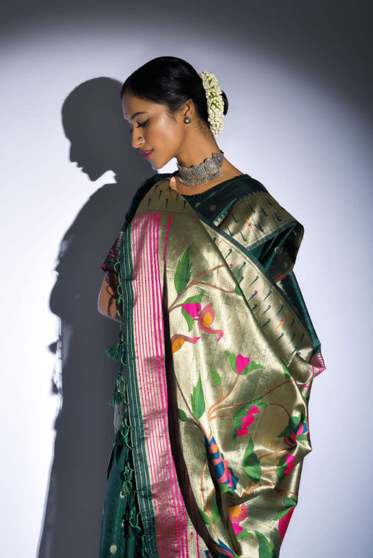 Dark Green Tussar silk Pure Paithani Silk Saree with pure zari woven broad border!!