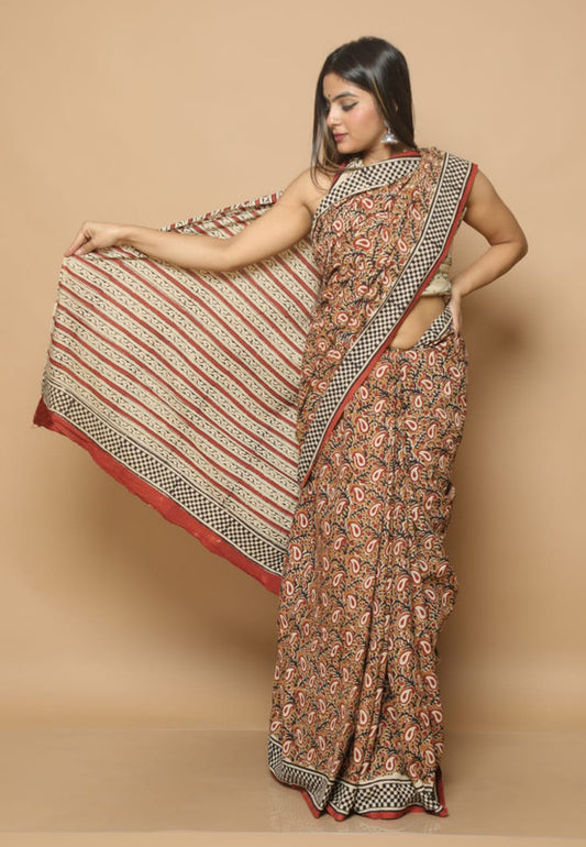 Orange & Multi Coloured Beautiful Hand Block printed Women Daily/Party wear Pure Cotton Saree with Blouse!!