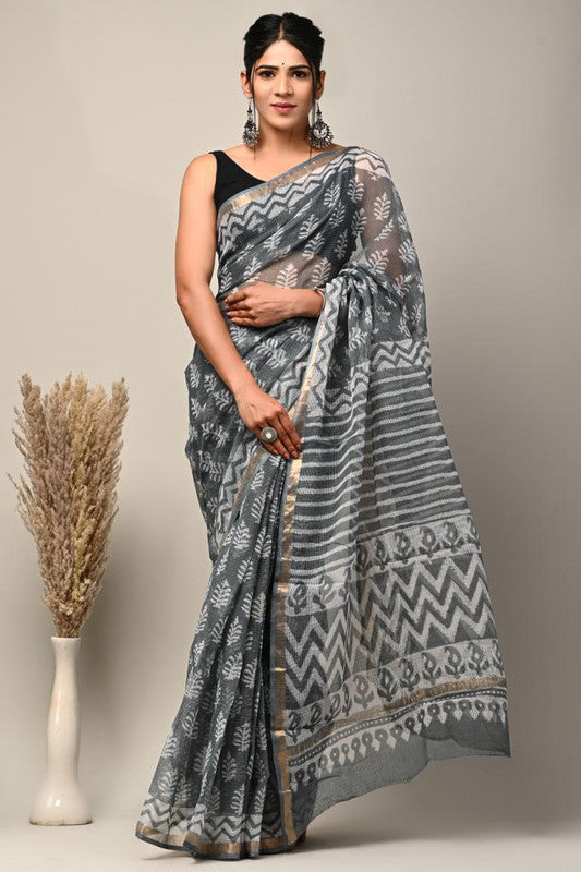 Grey & Multi Coloured Kota Doriya Cotton Beautiful Hand Block printed Women Daily/Party wear Saree with Blouse!!