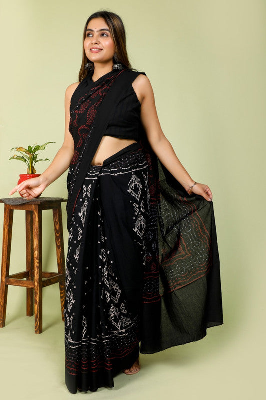 BEAUTIFUL BLACK HAND PRINTED MUL COTTON SAREE!!