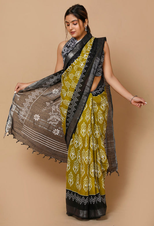 LINEN COTTON HAND BLOCK PRINT SAREE WITH BLOUSE!!