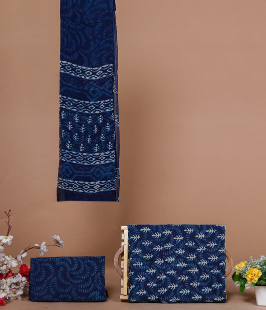 Blue Coloured Exclusive Unstitched Pure Cotton Hand Block Printed Party wear Dress Material Suit!!