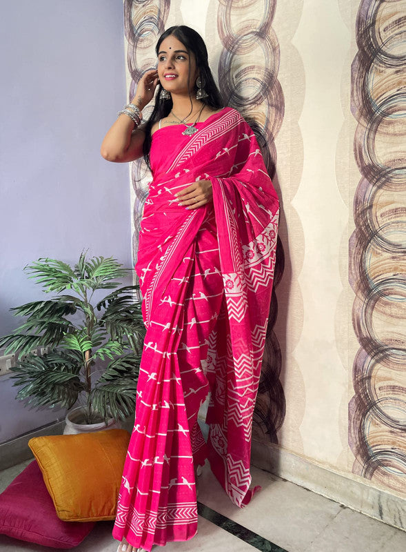 Dark Pink & White Coloured Premium Mul Mul Cotton Beautiful Hand Block printed Women Daily/Party wear Saree with Blouse!!