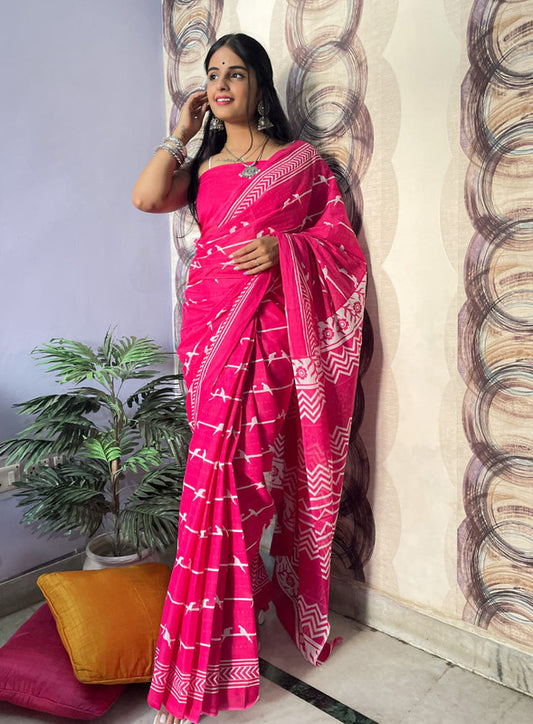 Dark Pink & White Coloured Premium Mul Mul Cotton Beautiful Hand Block printed Women Daily/Party wear Saree with Blouse!!