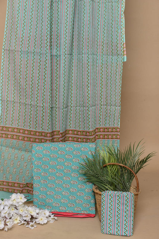 Blue & Green Coloured Unstitched Pure Cotton Exclusive Hand Block Printed Women Party/Daily wear Dress Material Suit- Top with Bottom &  Mul Cotton Dupatta!!