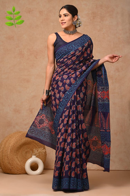 Blue & Multi Coloured Beautiful Hand Block printed Women Daily/Party wear Pure Cotton Saree with Blouse!!