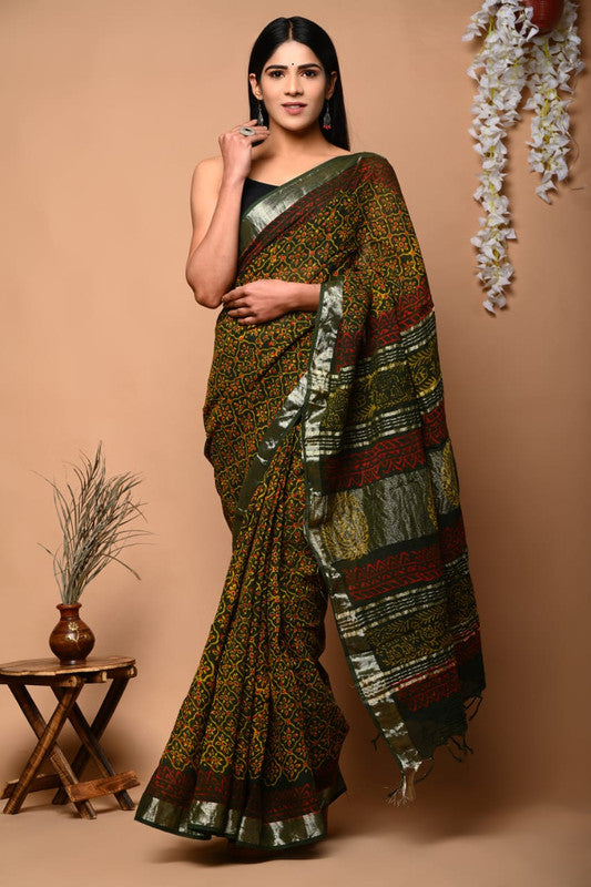 Mehendi Green & Black Coloured Exclusive Hand Block printed Women Daily/Party wear Linen Cotton Saree with Blouse!!