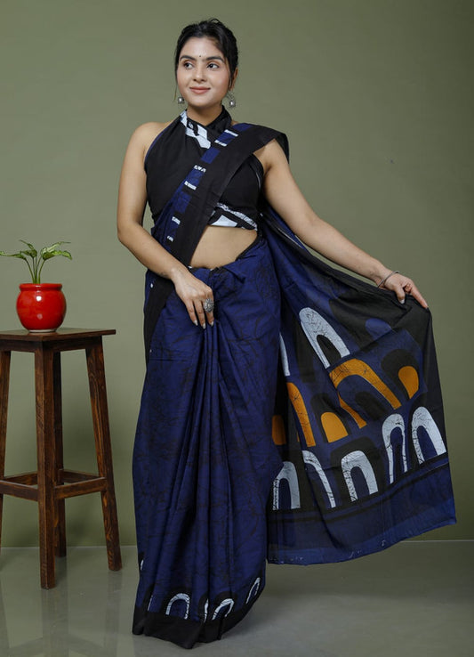 Navy Blue & Multi Coloured Hand Printed Super dying Quality Mul Cotton Women Daily wear Saree with Blouse!!