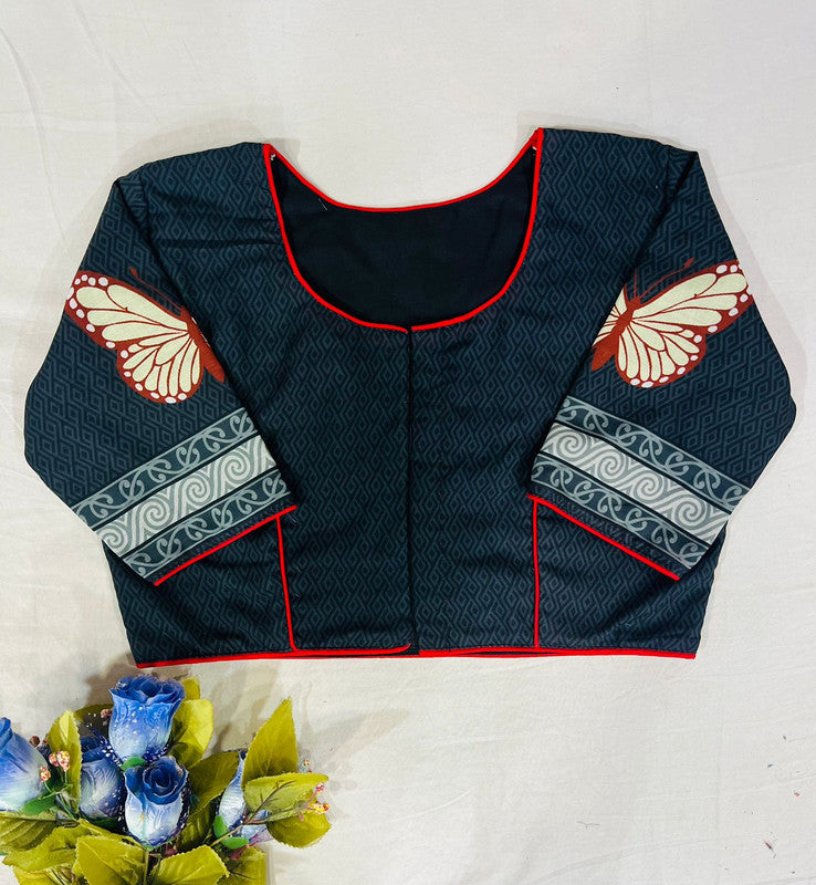 Dark Grey Coloured Pure Cotton with Traditional Print Woman Ready made Designer Botique Style Blouse- Free Size Up to 42 Inch!!