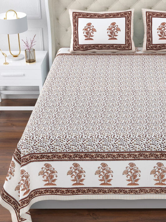 Brown & Multi Coloured Pure Cotton with Beautiful Hand Block Printed King size Double Bed sheet with 2 Pillow covers!!