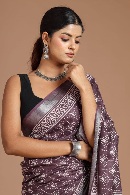 Purple & Multi Coloured Linen Cotton Beautiful Hand Block printed Women Daily/Party wear Saree with Blouse!!