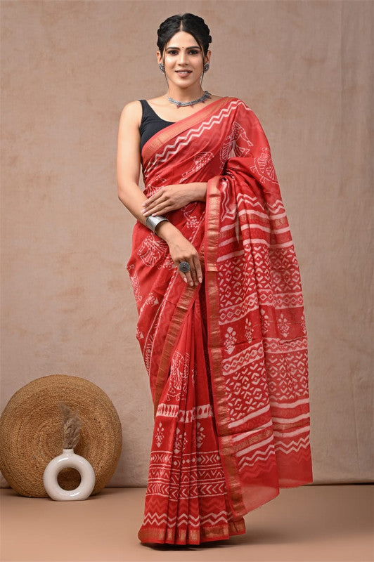 Red & White Coloured Hand Block Printed Women Designer Party wear Maheshwari Cotton Silk Saree with Runnin Blouse!!