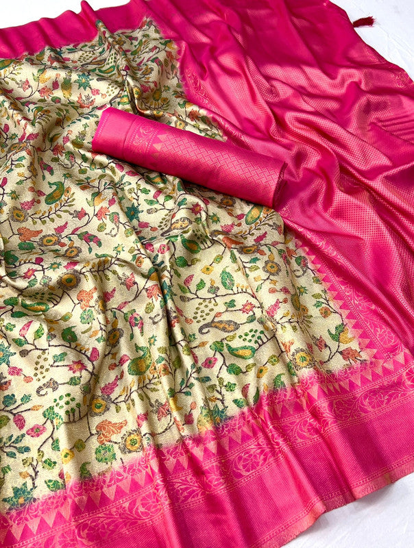 Dark Pink & Multi Coloured Jacquard Handloom Silk with Fancy Latkan Women Party wear Saree with Fancy Blouse!!