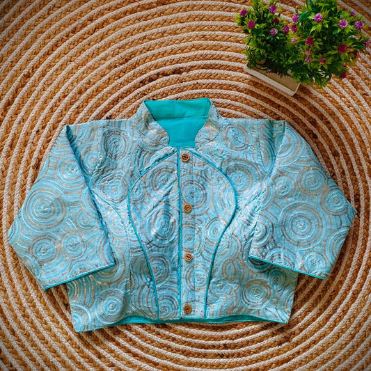 Sky Blue Coloured Heavy Mono Banglori Beautiful golden Sequence Work with Two Tone thread embroidery all over blouse Woman Ready made Designer Blouse!!