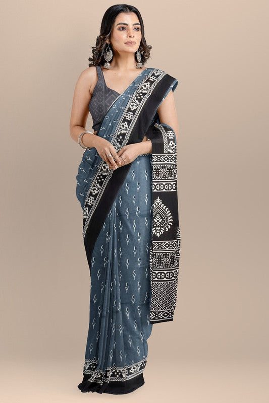 Grey & Black Coloured Premium Mul Mul Cotton Beautiful Hand Block printed Women Daily/Party wear Saree with Blouse!!