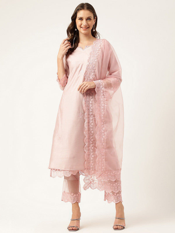 Pink Coloured Solid Embroidered Sequinned Round Neck 3/4 Sleeves Straight shape Women Designer Party wear Chanderi Silk Kurti with Trousers & Dupatta!!