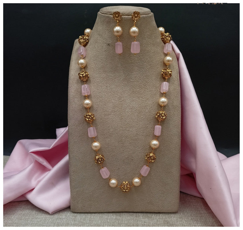 Gold & Pink Coloured Pure Brass Real Kundan Gold Plating with Pearls Women Designer Brass Mala Long set with earrings!!