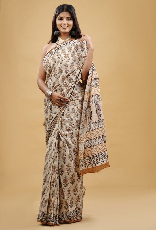 Beige & Multi Coloured Beautiful Hand Block printed Women Daily/Party wear Pure Cotton Saree with Blouse!!