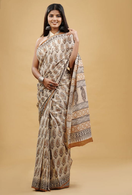 Beige & Multi Coloured Beautiful Hand Block printed Women Daily/Party wear Pure Cotton Saree with Blouse!!