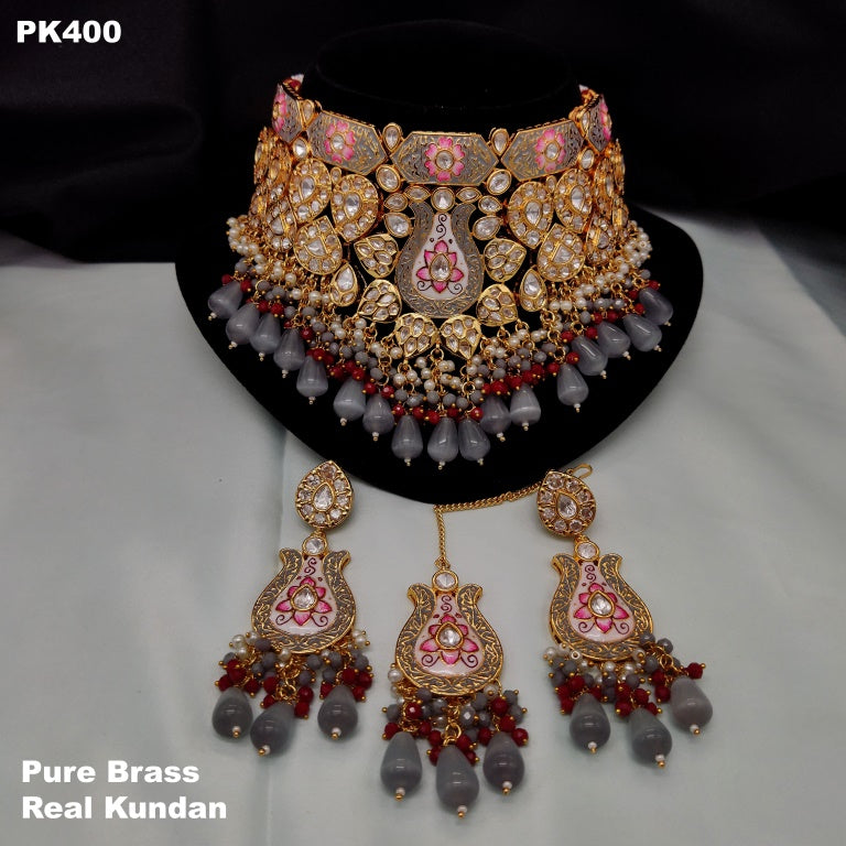 Pure Brass Real Kundan Necklace set with Ear Rings