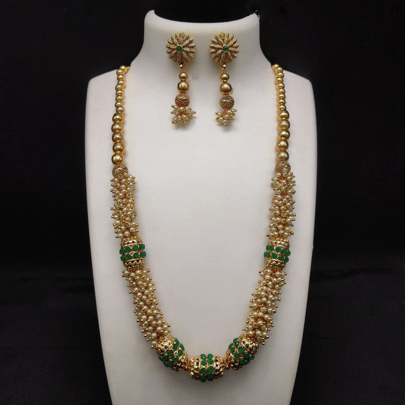 Green Beautiful Brass Gold Plating Pearls Mala set with Earrings!!