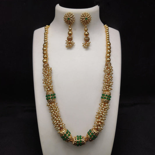 Green Beautiful Brass Gold Plating Pearls Mala set with Earrings!!