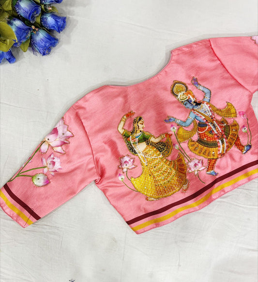 Radha Krishna Peach Pure Silk Handmade work Readymade Blouse!!