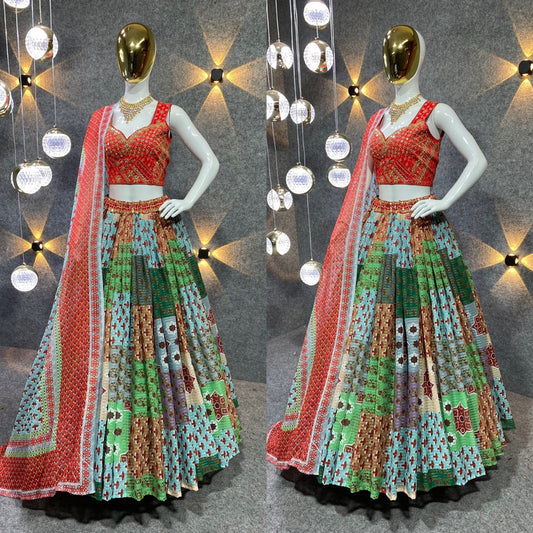 Multi Coloured Digital Print Faux Georgette & Malai Silk Designer Party wear Lehenga Choli with Dupatta!!