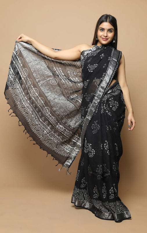 Black Coloured Linen Hand Block Print Saree with Linen Blouse!!