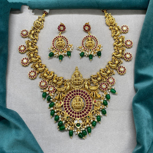 Gold & Green Coloured Pure Brass Real Kundan Gold Plating with Pearls Women Lakshmi Temple Design Long set with earrings!!