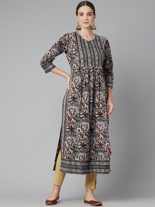 Grey & Multi Coloured Floral Printed Round neck Three-quarter Sleeves Women Designer Party/Daily wear Cotton Straight shape Kurti!!