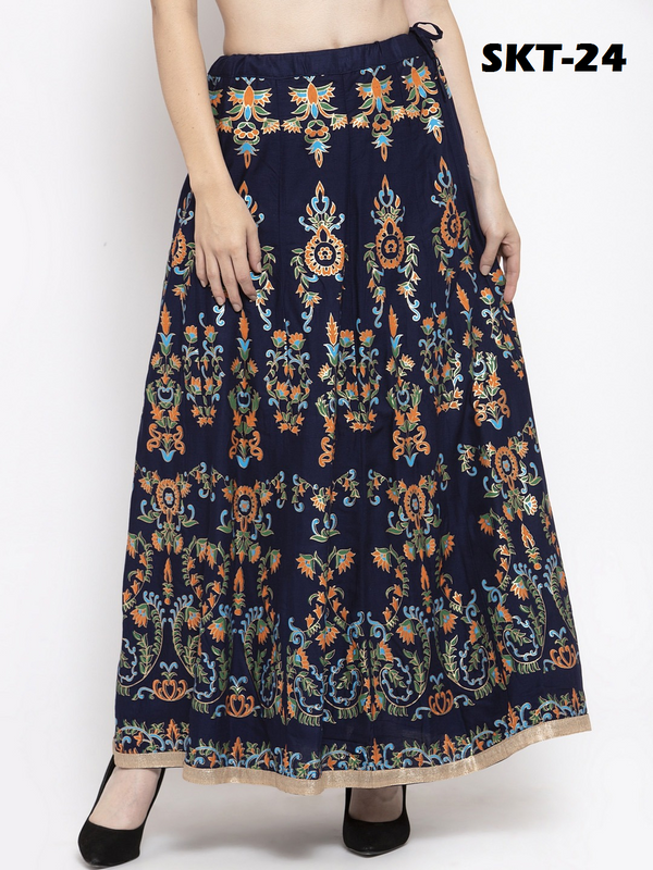 Multi Print Navy Blue coloured Rayon Skirt Free Size( 28 to 40 Inch)!!