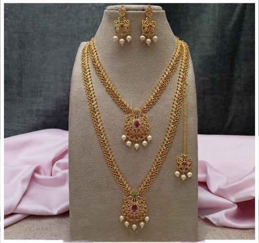 Beautiful Multi & Gold Coloured Premium Quality Pure Brass Gold Plating South CZ Combo ( 2 Necklace) with Earrings & Matha patti for Women!!