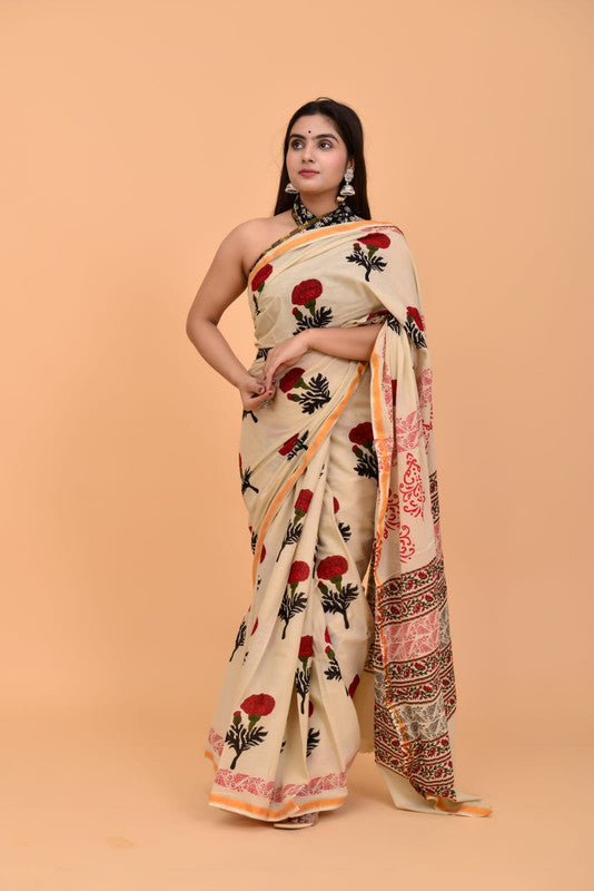 Beige & Multi Coloured Pure Cotton with Beautiful Jari Border Printed Women Party/Daily wear Designer Cotton Saree with Blouse!!