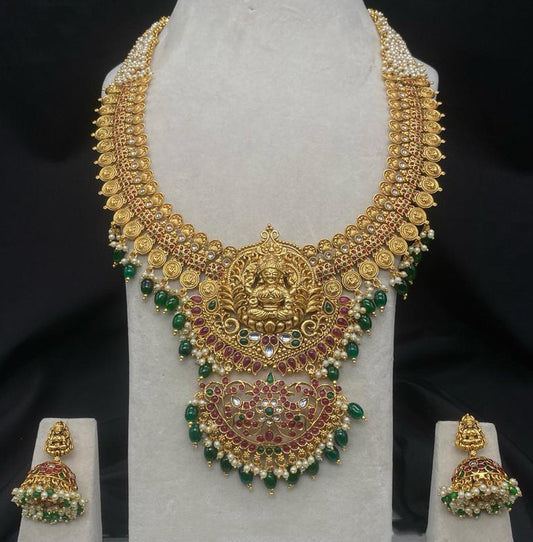 Green & Gold Coloured Beautiful Pure Campo with Pearls Women Lakshmi Designe 1 Gram Gold Plating Wedding Jewelry Necklace Set with Pendant &  Jhumka Earrings!!