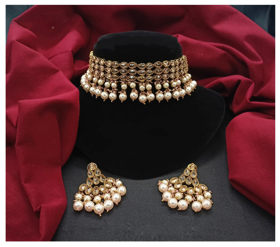 Pink Reverse American Diamond ( AD ) Mehendi Gold Plating with Pearls Necklace jewellery set with Earrings!!