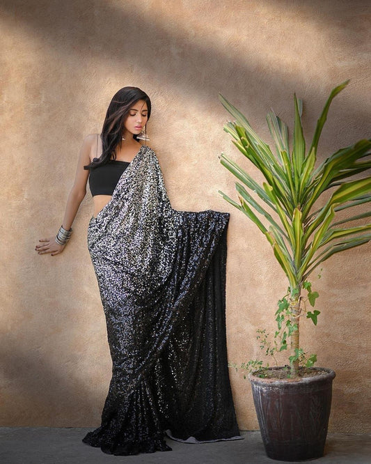 Black Coloured Premium Georgette with Sequence Embroidery Work Women Party wear Designer Georgette Saree with Blouse!!