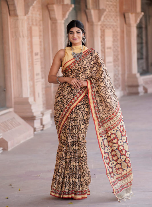 CHANDERI BLOCK PRINTED COTTON SAREE