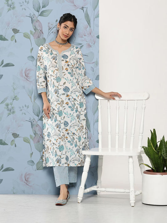 White & Green Pure Cotton Floral Printed Gotta Patti Straight shape Kurti with Trouser!!