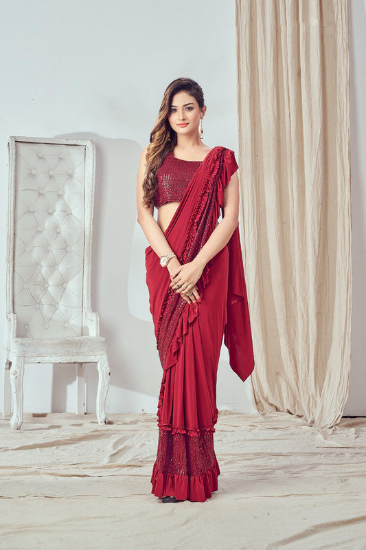 Maroon Coloured Imported Fabric Designer Sequence work Fancy Ready to wear Party wear Saree with Blouse!!