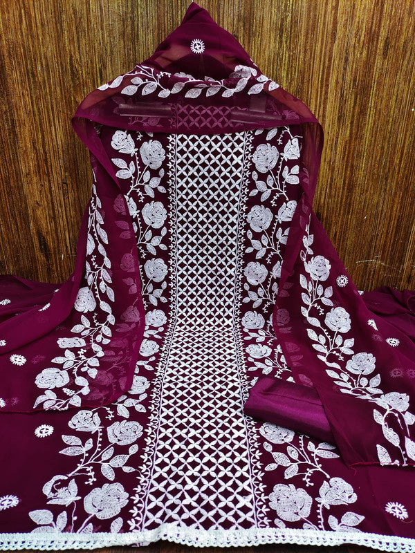 Wine Coloured Exclusive Georgette Lucknow Chickankari Embroidery work Dress Material Suit!!