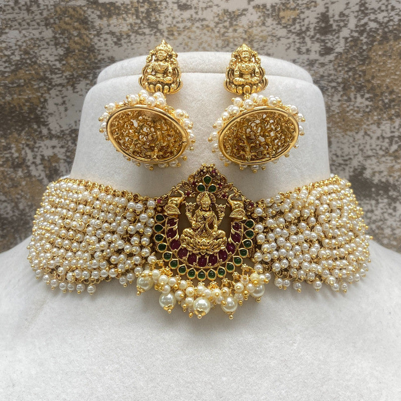 Gold & White Coloured Pure Brass Real Kundan Gold Plating with Pearls Women Lakshmi & Elephant Design Choker set with Jhumka earrings!!