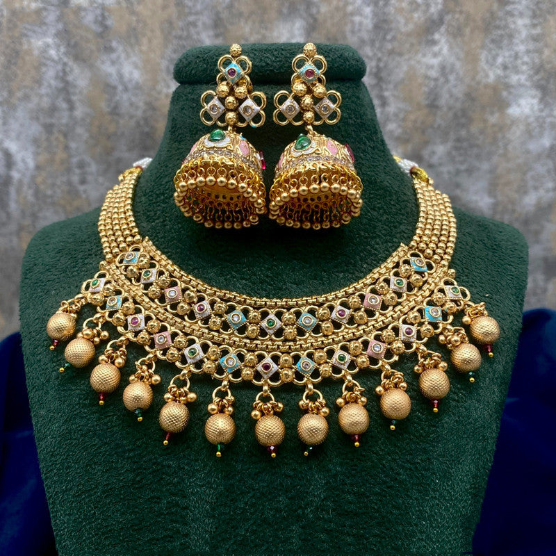 Gold & Multi Coloured Pure Copper with Real Kundan Women Rajwadi Plating Designer Necklace with Jhumka Earrings!!