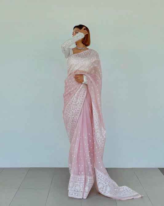 Light Pink Coloured Organza Silk with Thread work & Fancy Lace Women Festival/Party wear Designer Organza Saree with Georgette Blouse!!