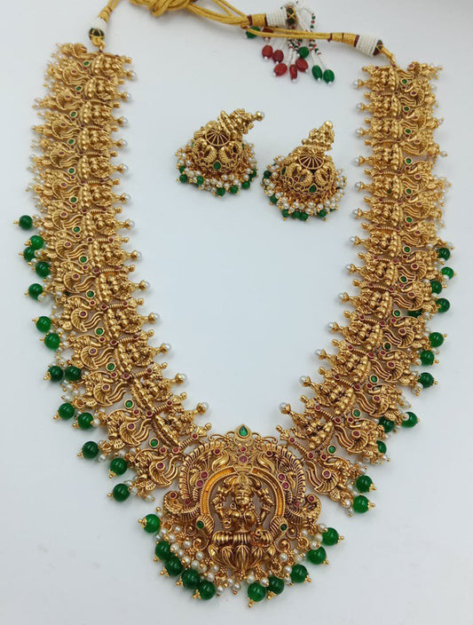 Gold & Green Coloured Pure Brass Real Kundan Gold Plating with Pearls Women Lakshmi & Peacock Design Long set with Jhumka earrings!!