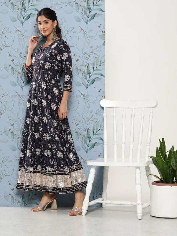 Navy Blue & White Cotton Floral Printed Gotta Patti Designer Anarkali Kurti!!